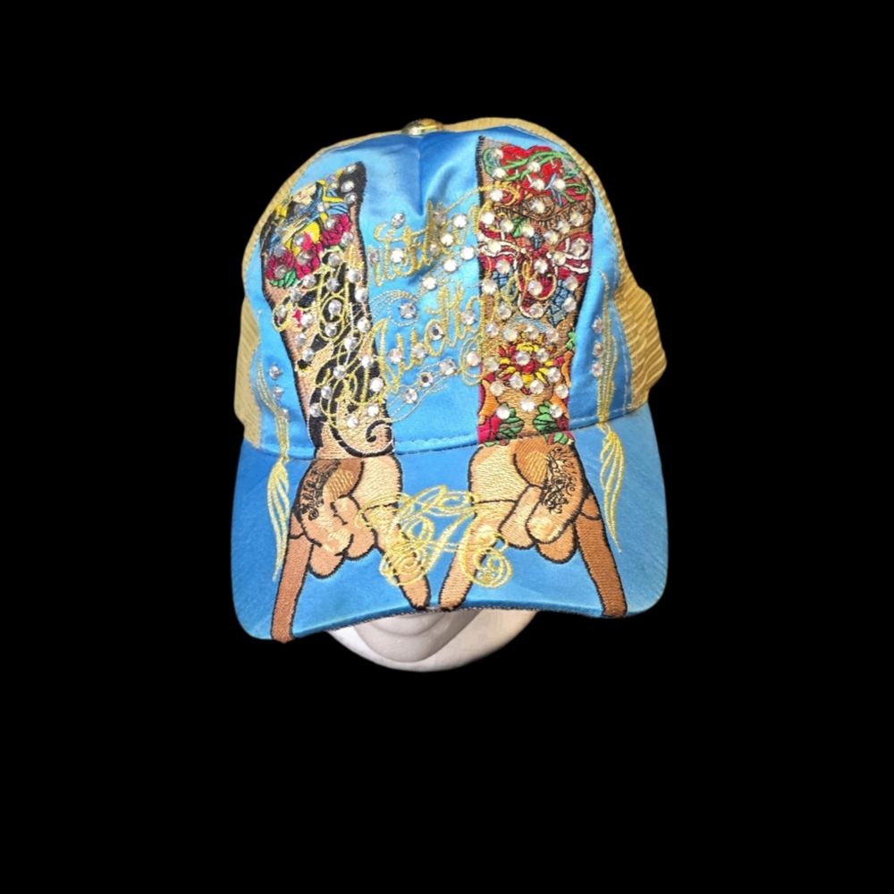Christian Audigier Blue and Tan Embellished Trucker Hat